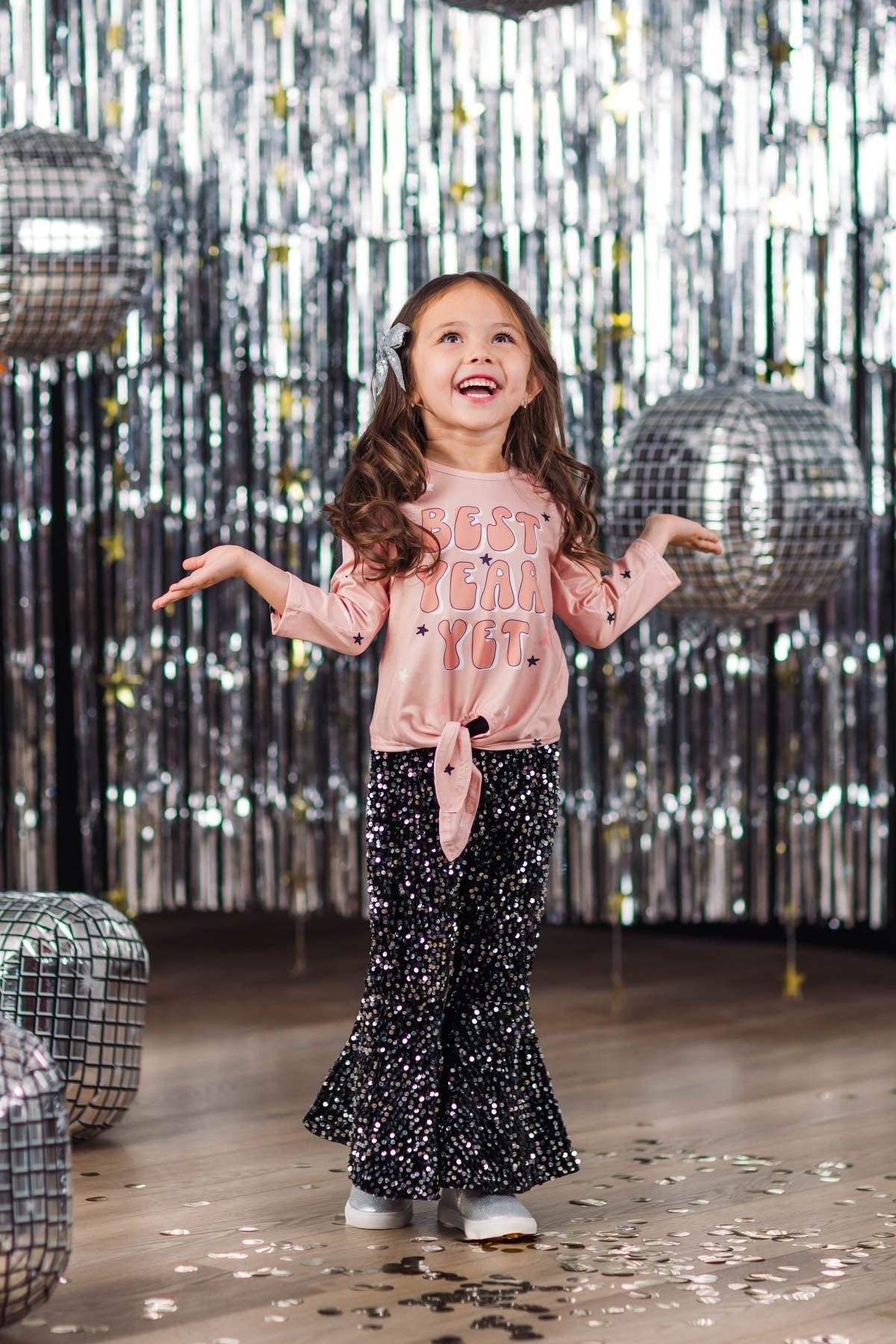 "Best Year Yet" Pink & Black Sequin Bell Bottom Set