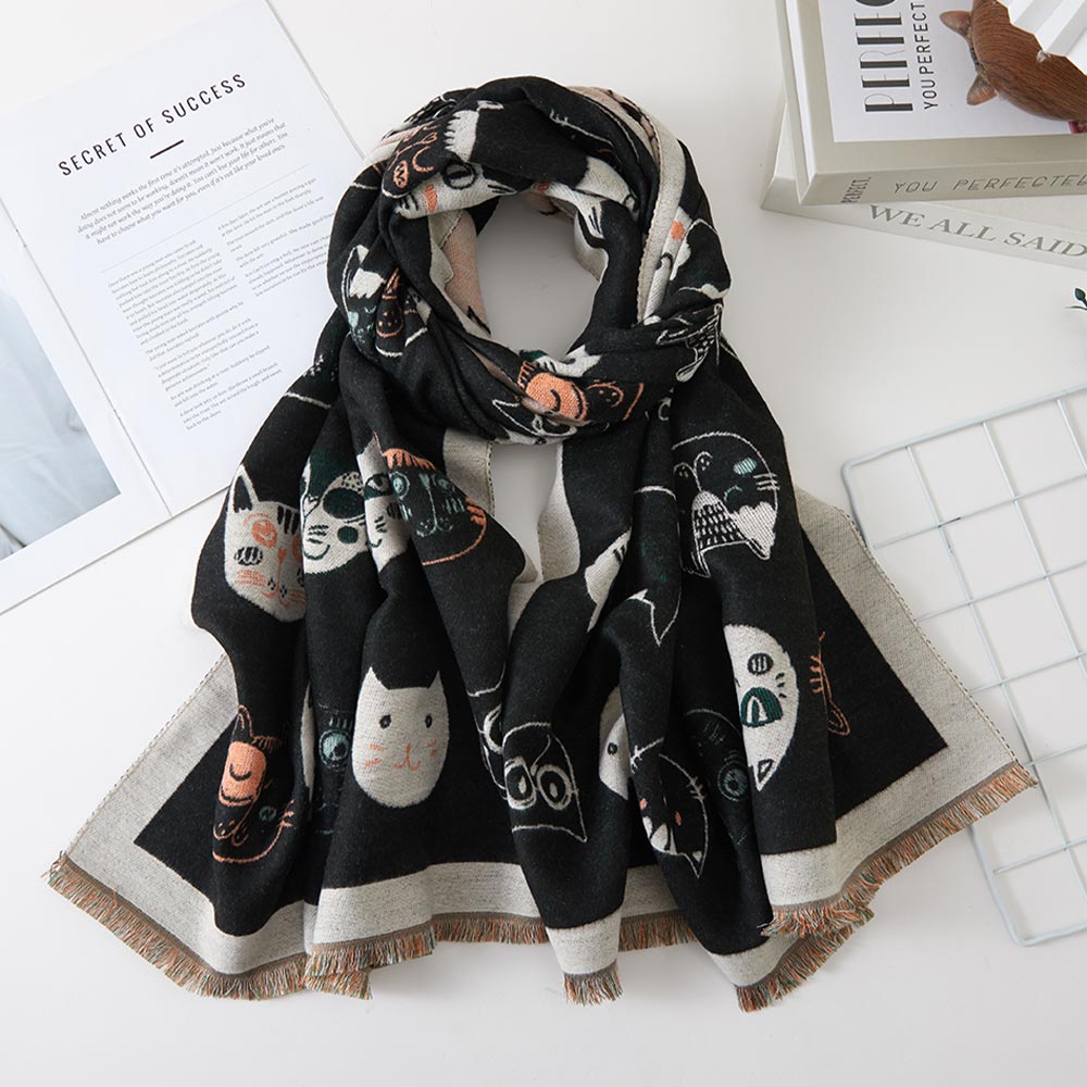 Whimsical Cat Face Pattern Print Scarf