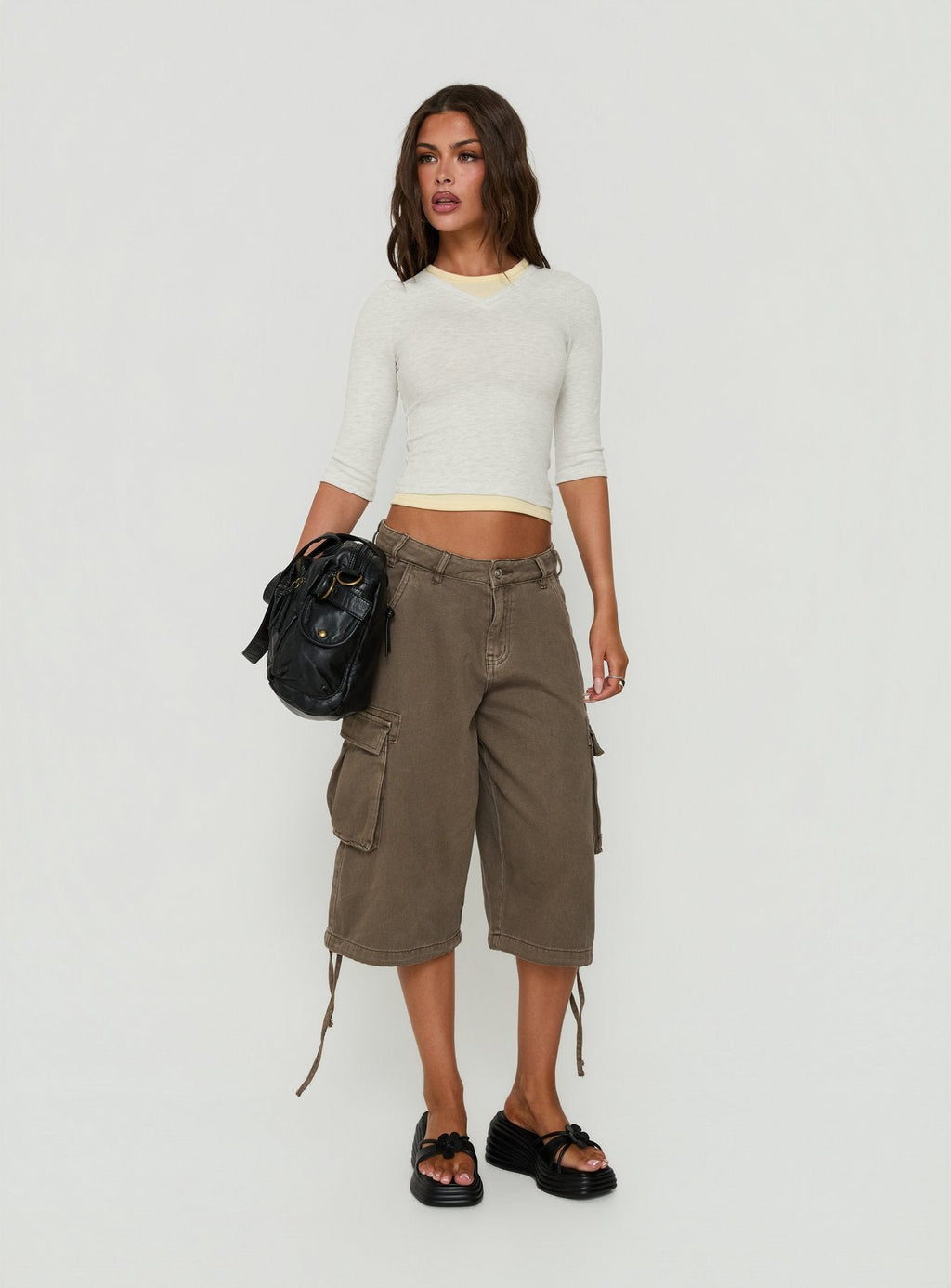 Briellah Layered 3/4 Sleeve Top Grey Marle / Yellow