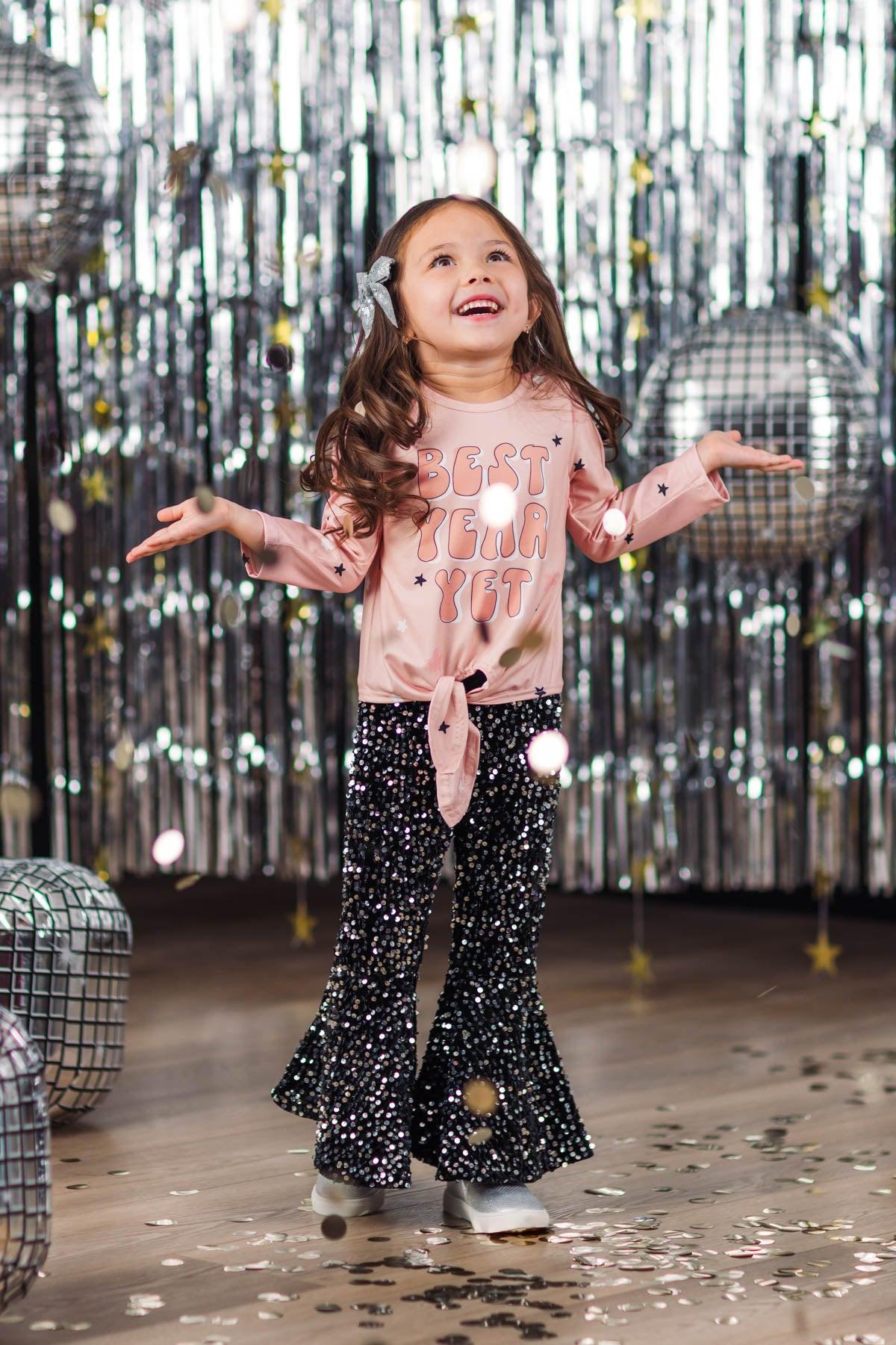 "Best Year Yet" Pink & Black Sequin Bell Bottom Set
