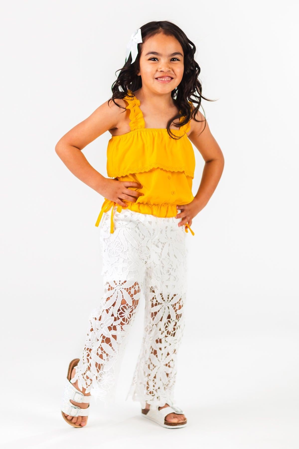 Mustard & White Floral Lace Pant Set