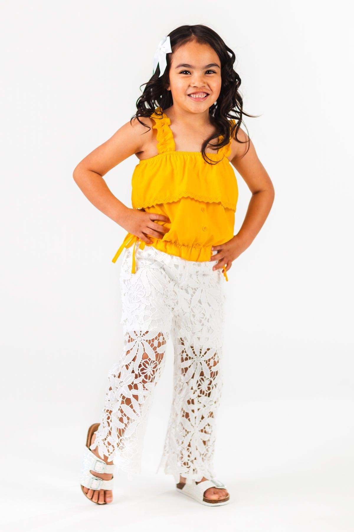 Mustard & White Floral Lace Pant Set