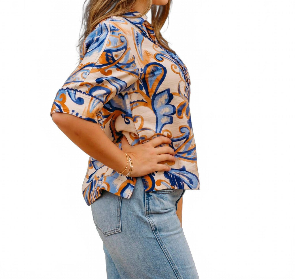 Pocket Overshirt Top In Golden Blue Paisley