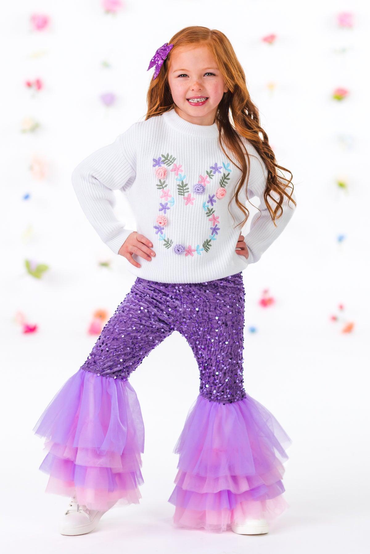 Floral Knit Bunny Sequin Bell Bottom Set