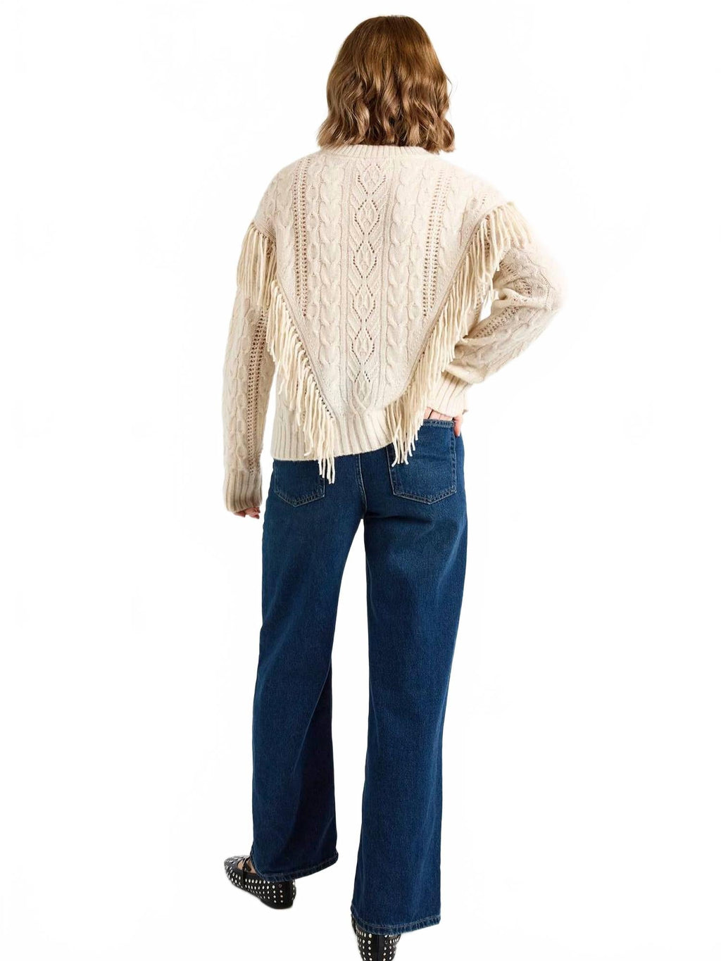 Cable Fringed Crew Neck Jumper In Lace