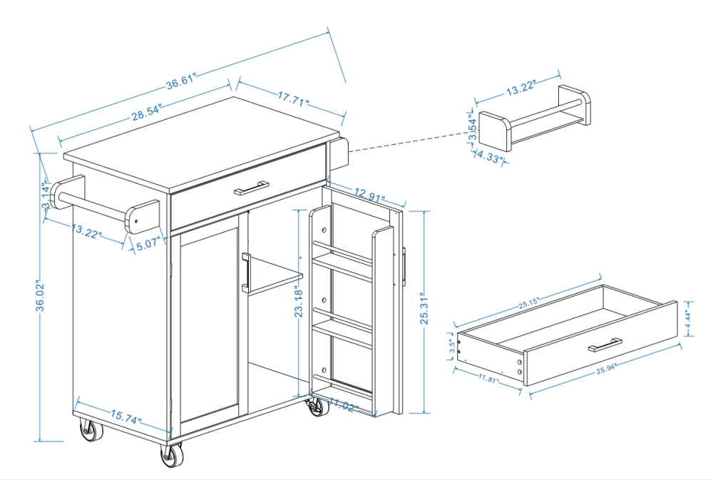 Rolling Kitchen Island with Drawer and Adjustable Shelves