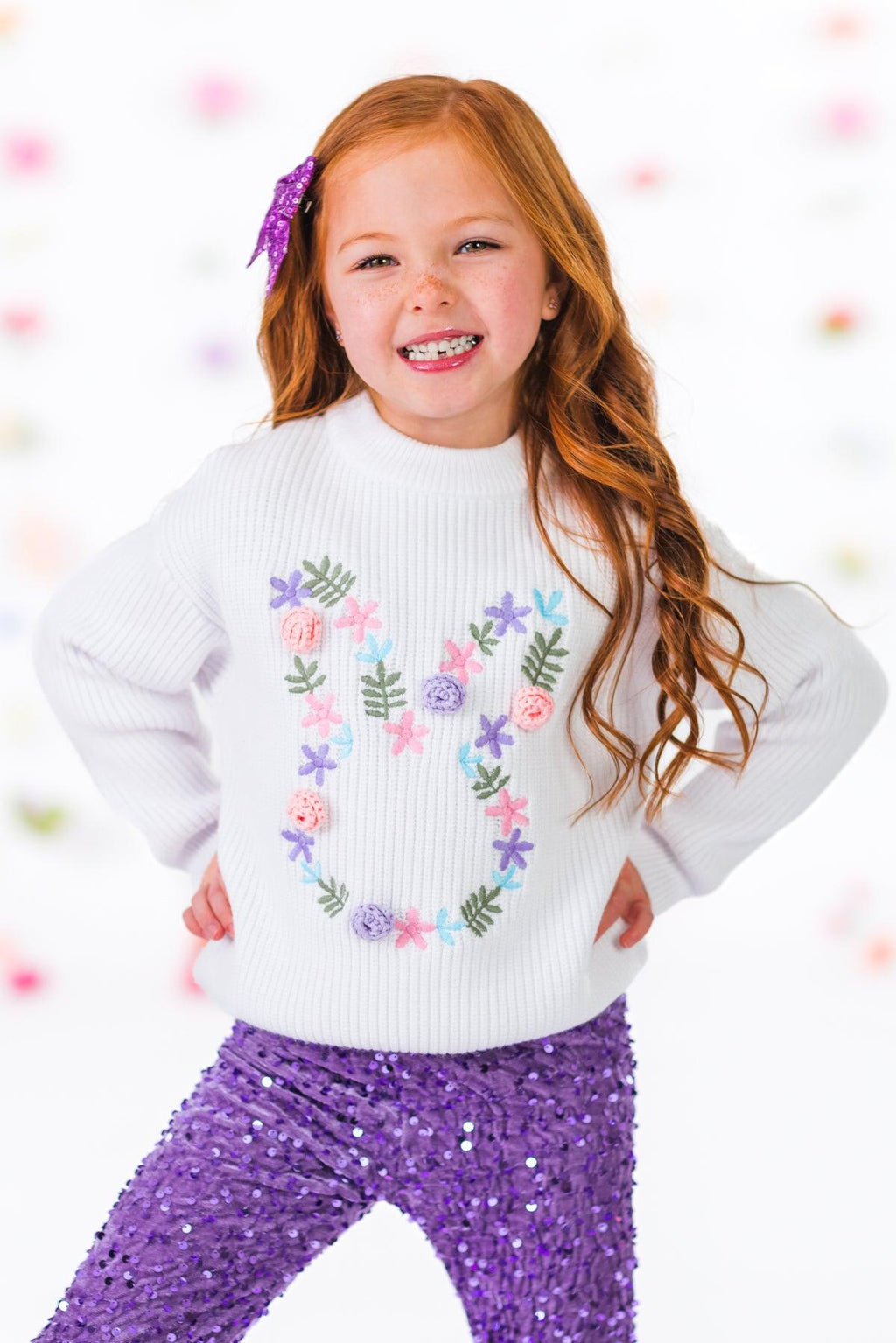 Floral Knit Bunny Sequin Bell Bottom Set