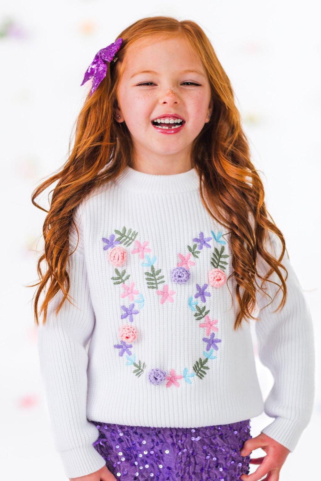 Floral Knit Bunny Sequin Bell Bottom Set