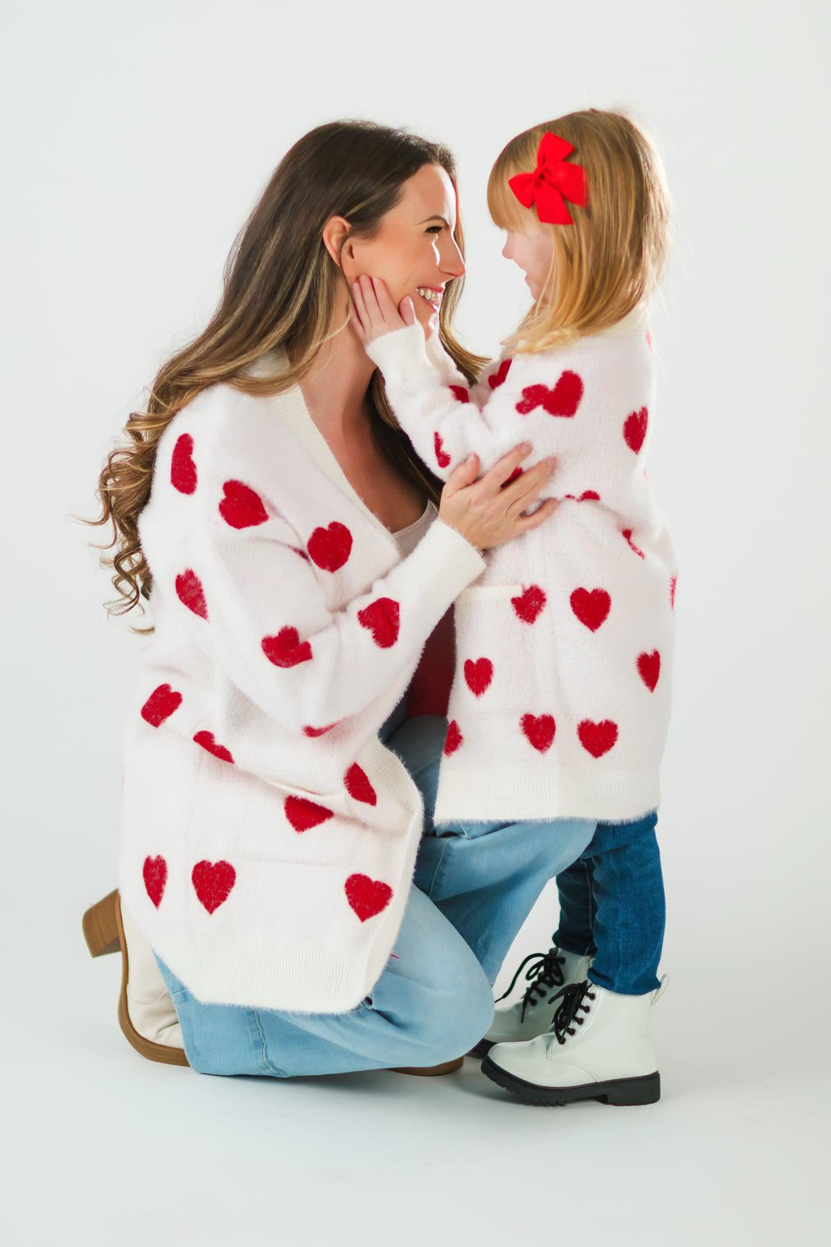 Mom & Me - White & Red Heart Cardigan
