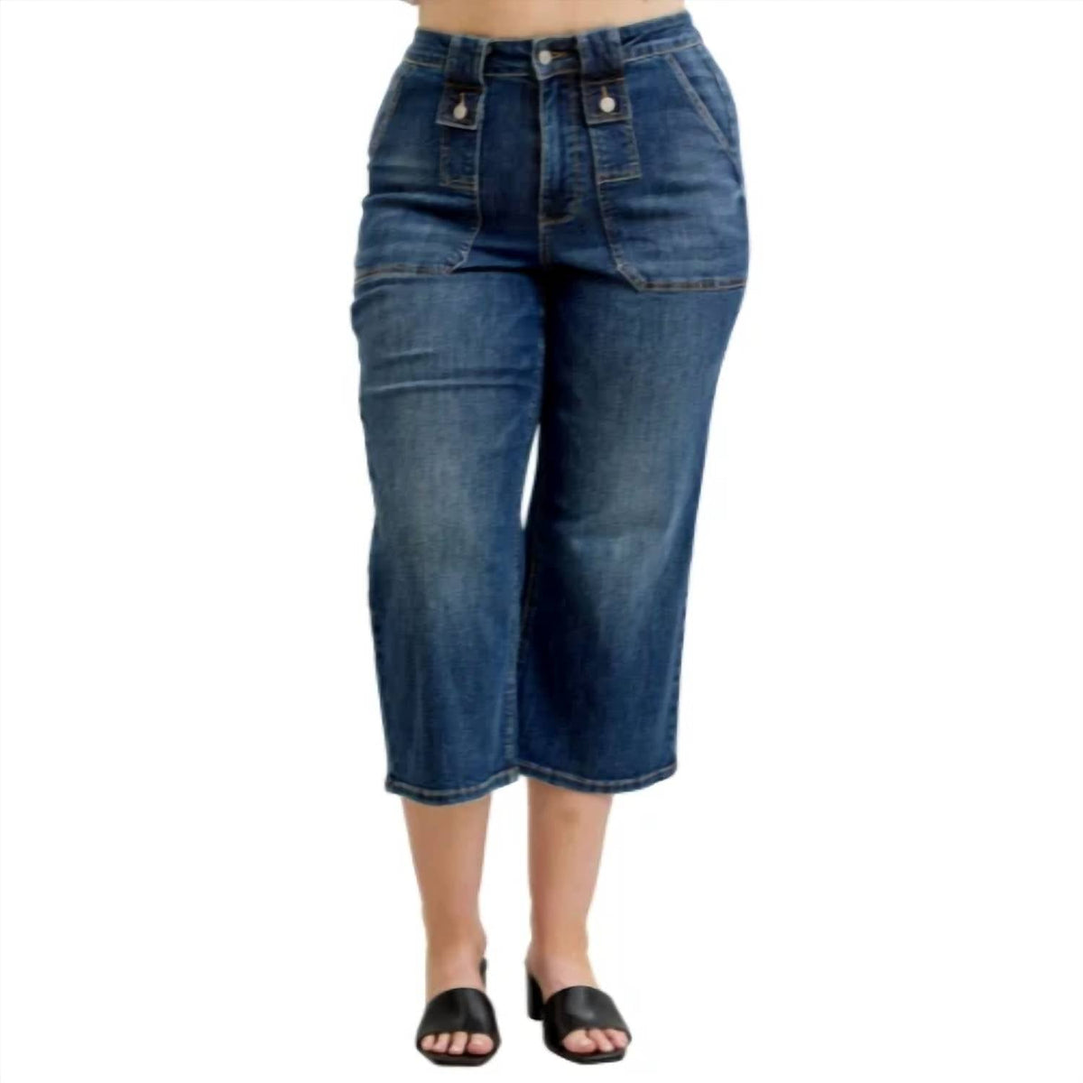 High Waist Crop Utility Denim Jeans In Darker Mid-Tone Blue