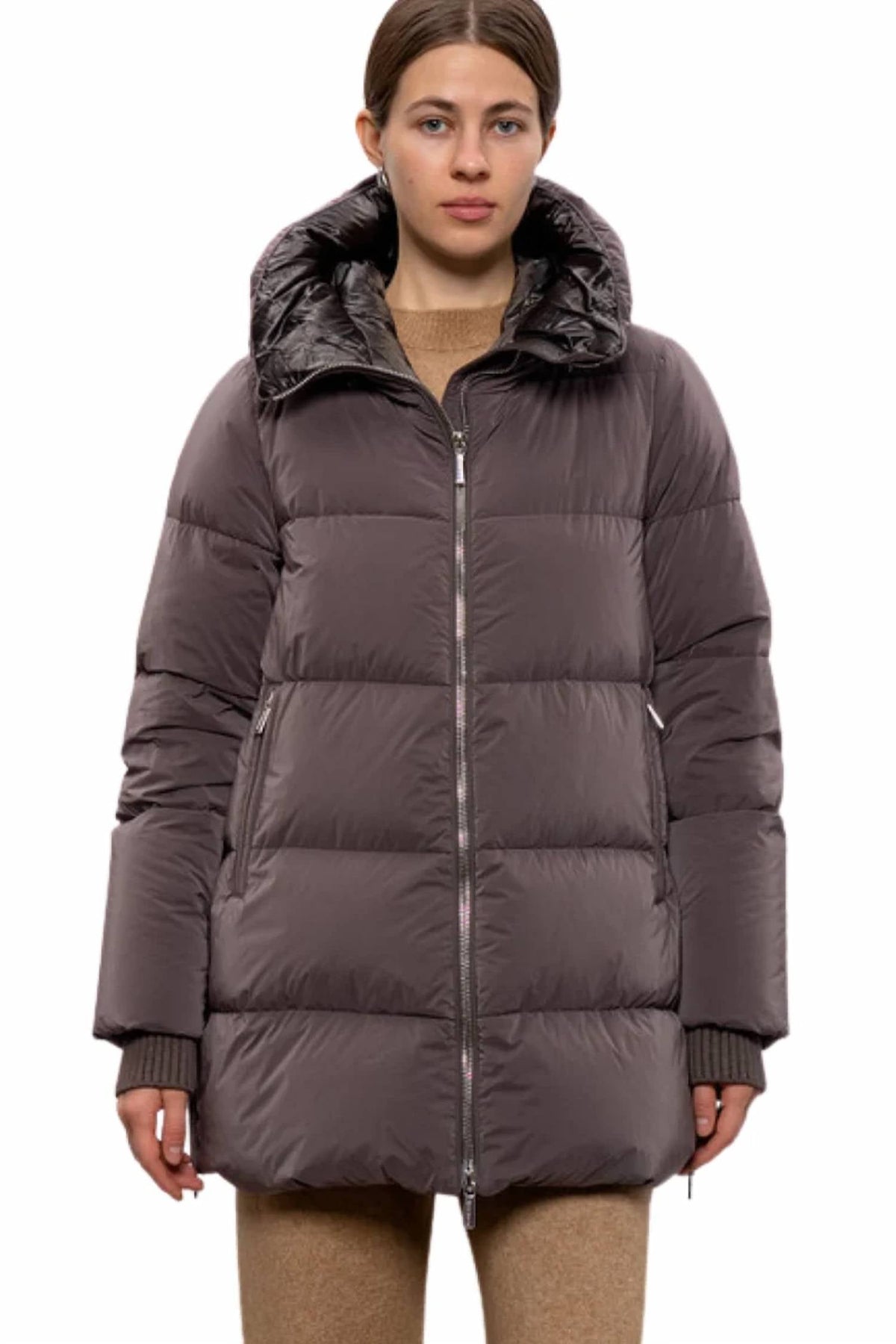 Hooded Down Coat In Marrone