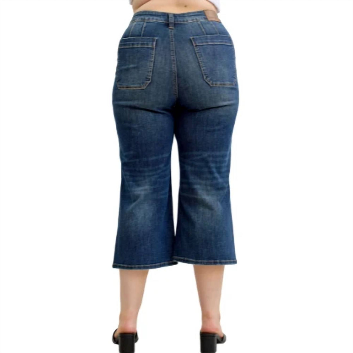 High Waist Crop Utility Denim Jeans In Darker Mid-Tone Blue