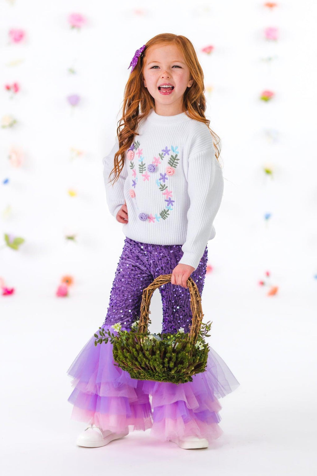 Floral Knit Bunny Sequin Bell Bottom Set