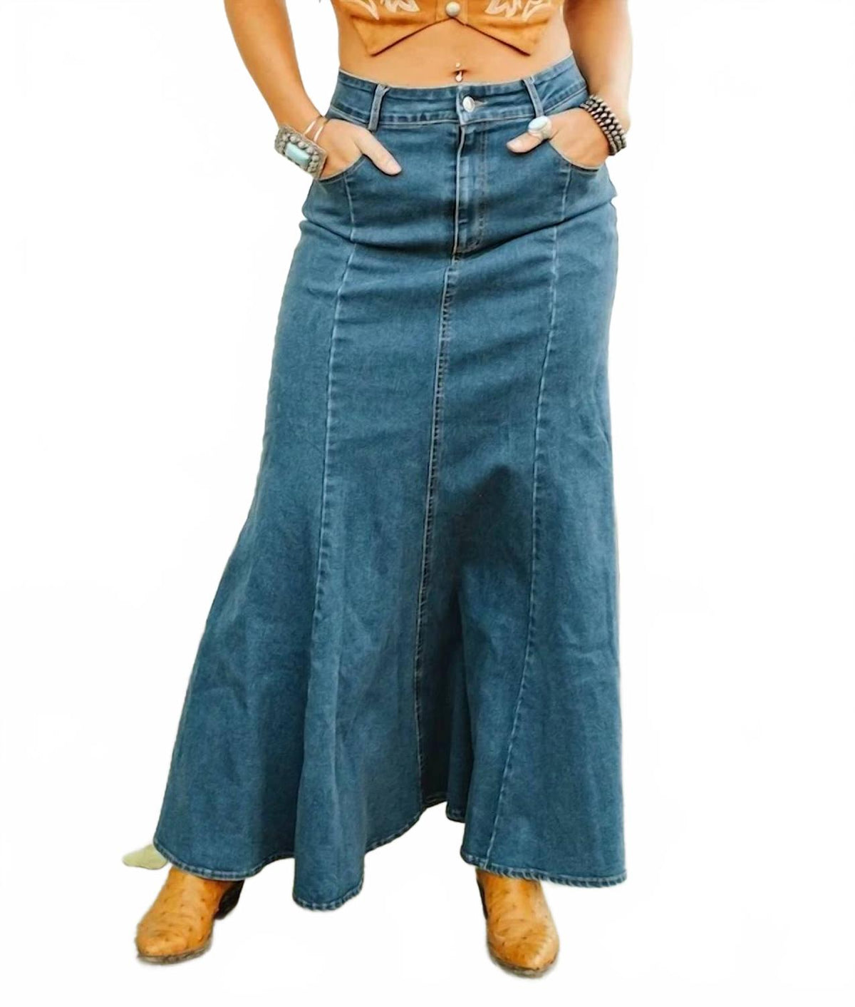 Long Denim Maxi Skirt In Dark Wash