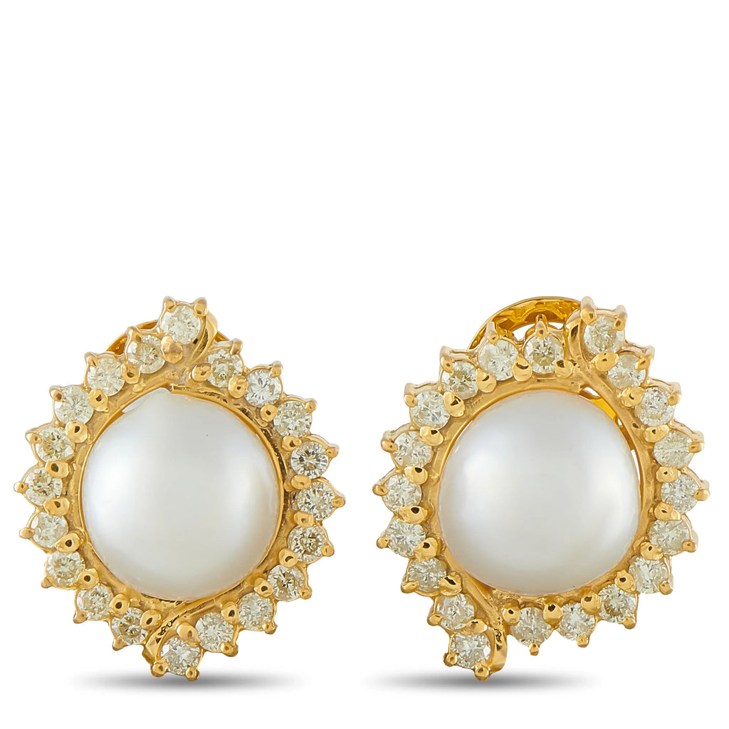 LB Exclusive 18K Yellow Gold 1.60ct Diamond and Pearl Cluster Earrings MF25-080726