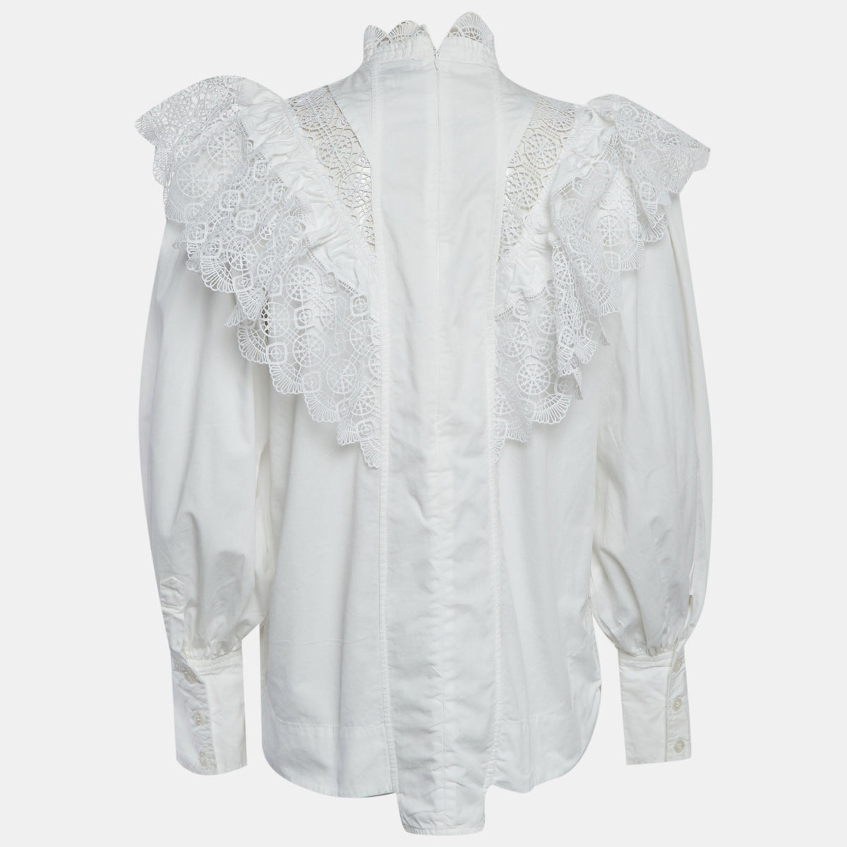 Ganni White Cotton And Lace Trim Ruffled High Neck Blouse