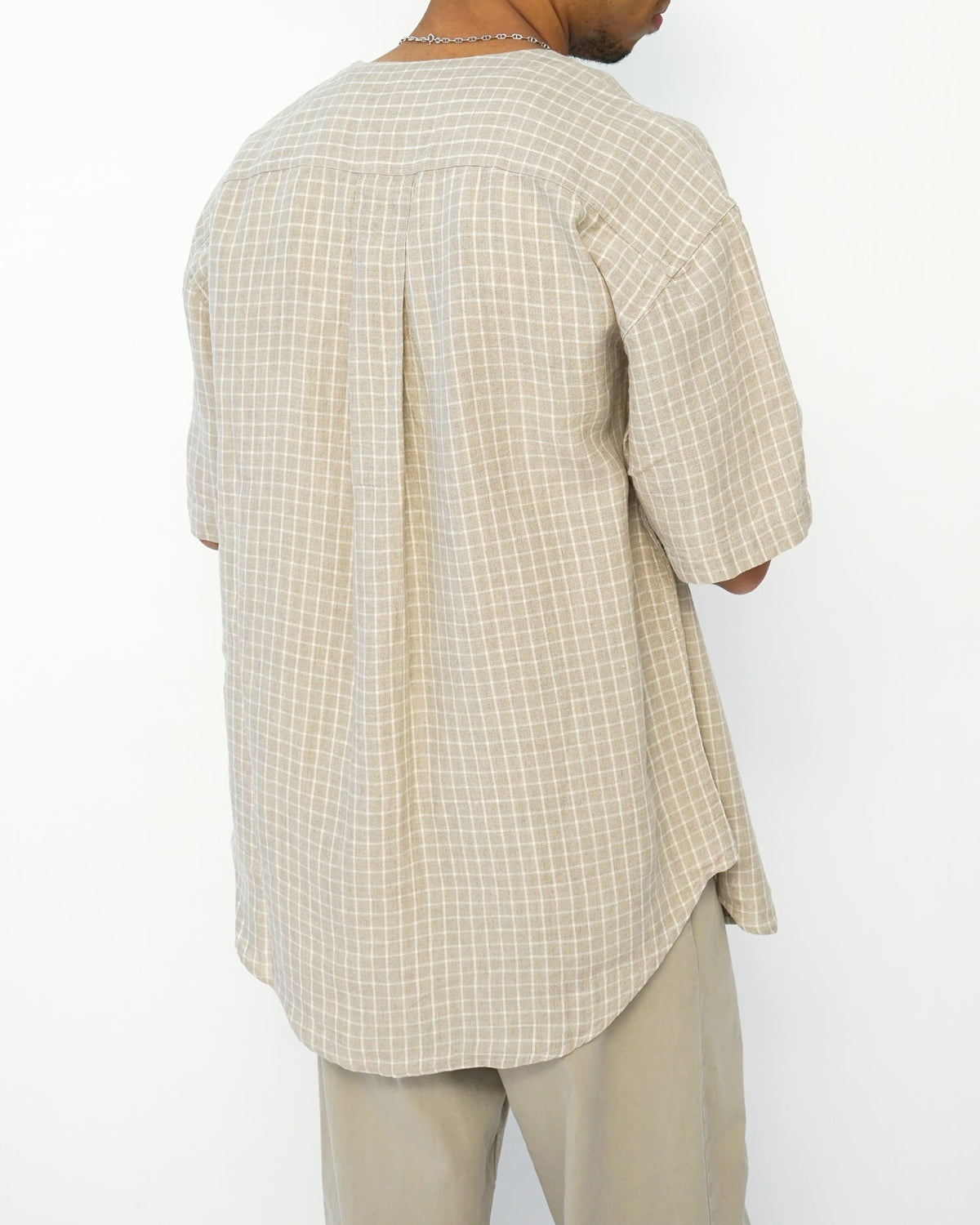Linen Collarless S/S Shirt / Checked