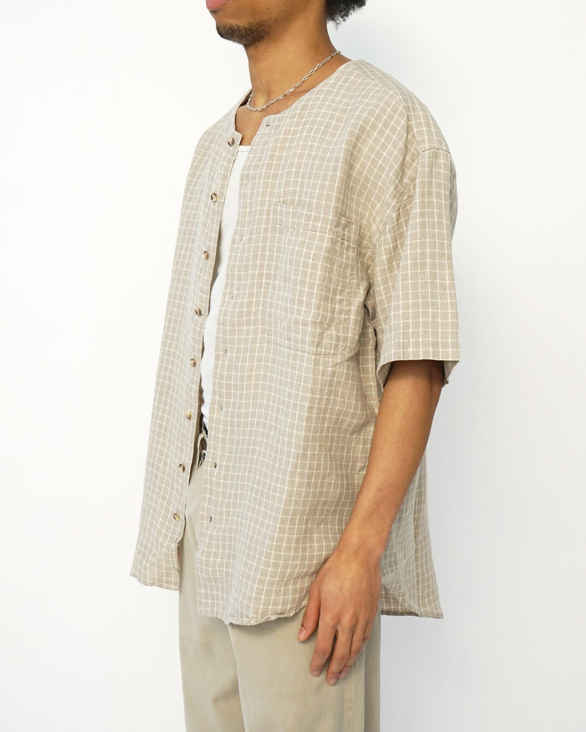 Linen Collarless S/S Shirt / Checked