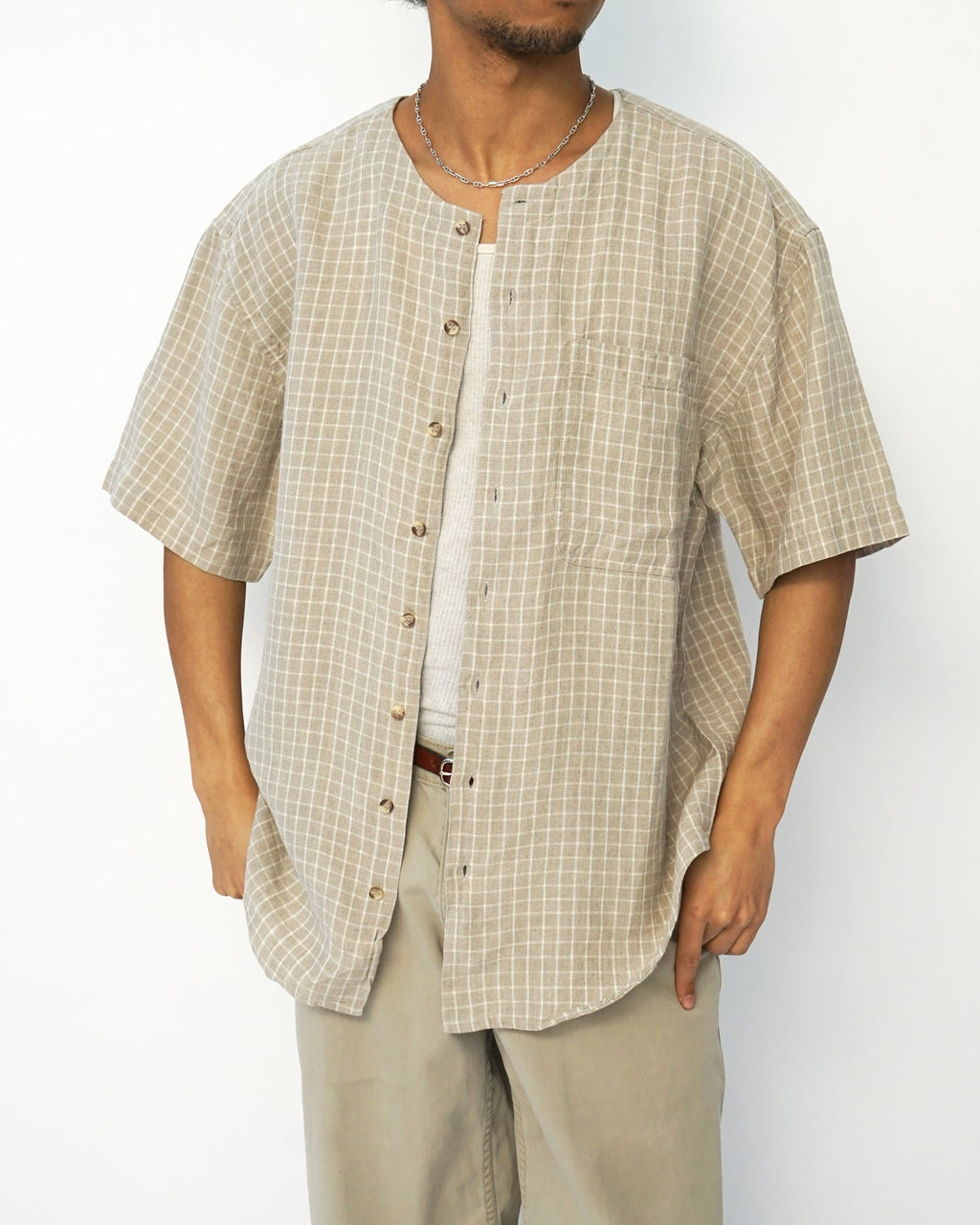 Linen Collarless S/S Shirt / Checked