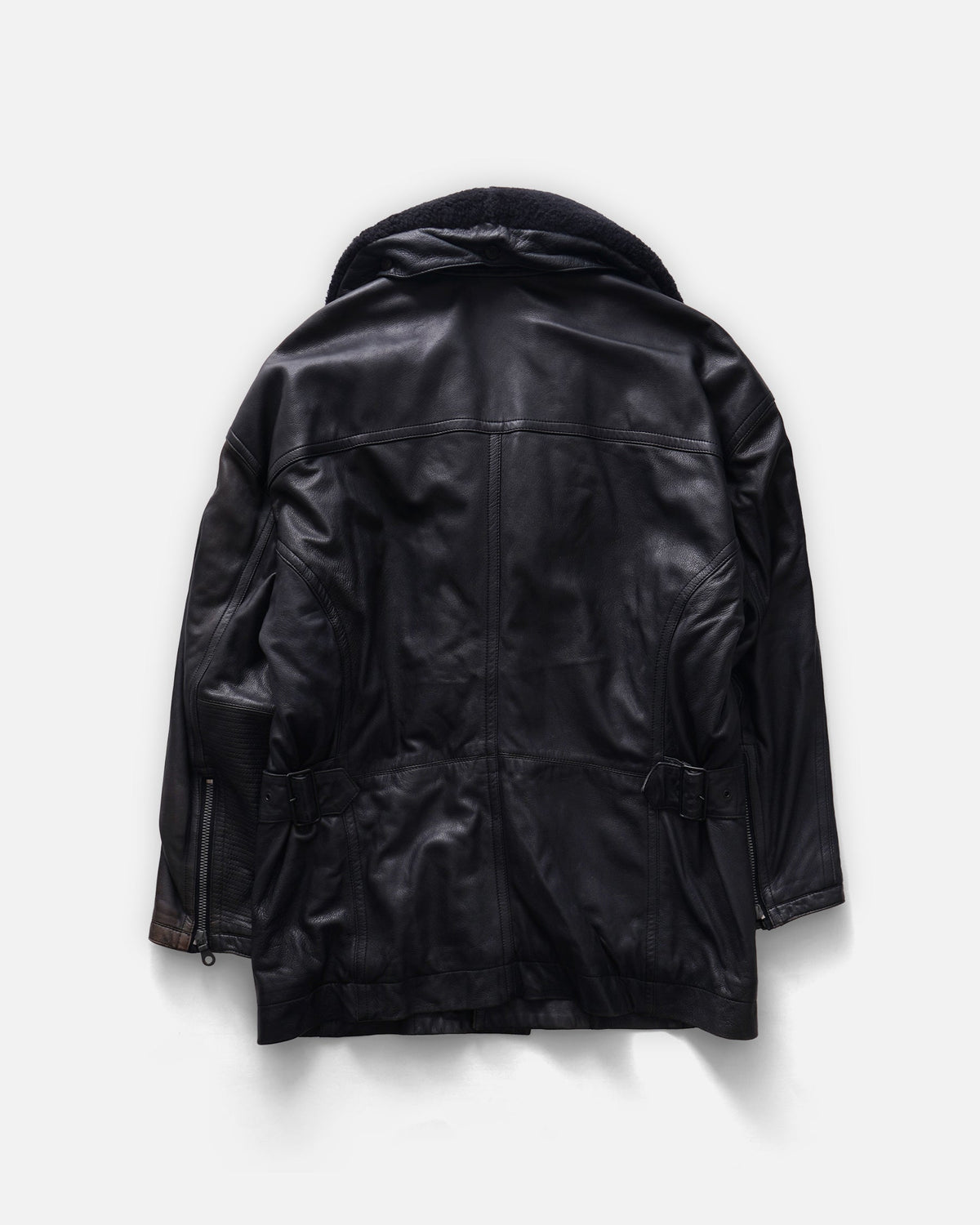 Leather Removable Boa Collar Coat / Black