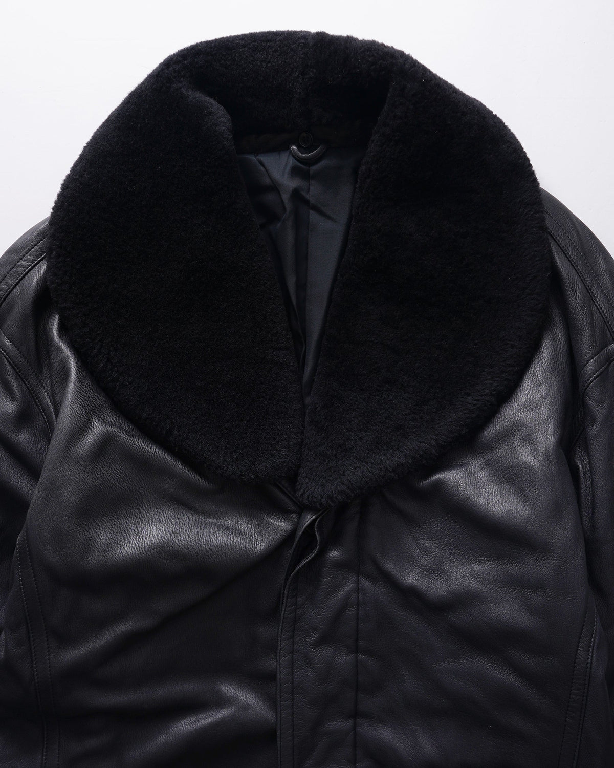 Leather Removable Boa Collar Coat / Black