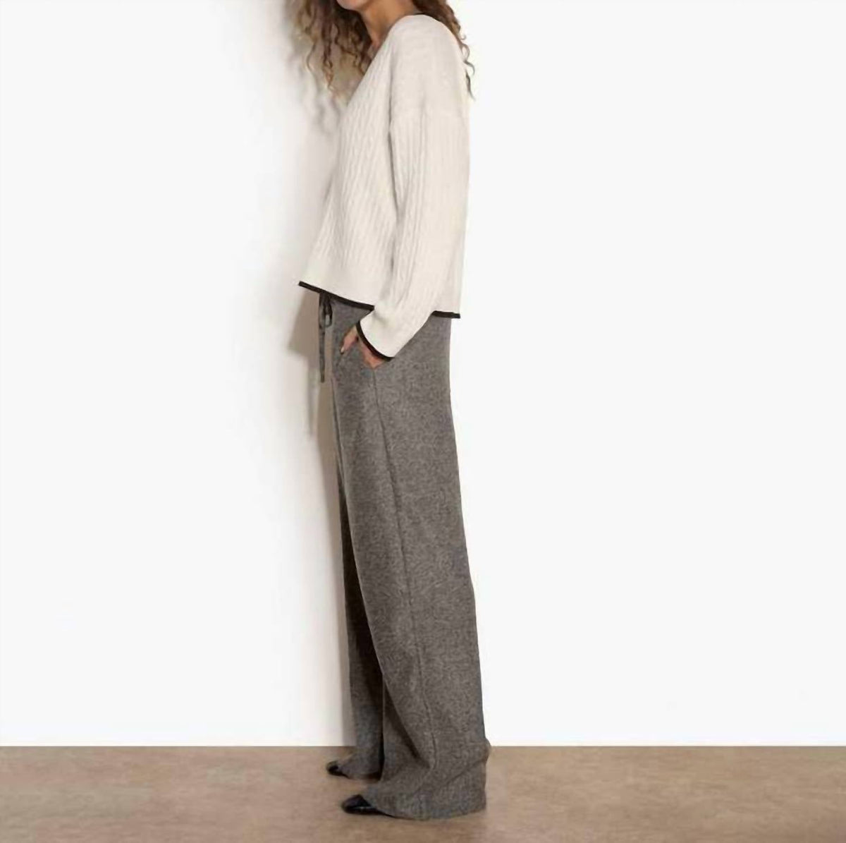 Oversized Cable Sweater With Contrast Trim In White