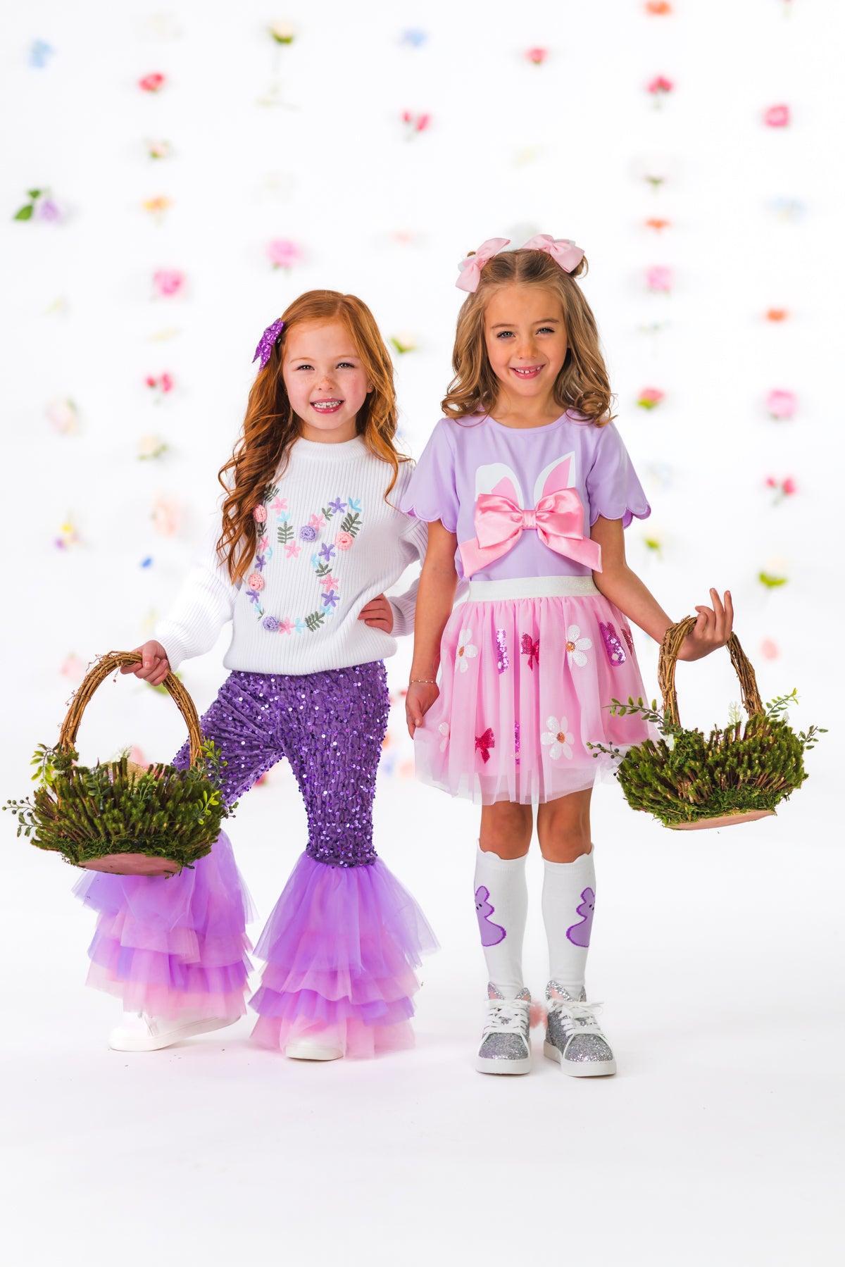 Floral Knit Bunny Sequin Bell Bottom Set