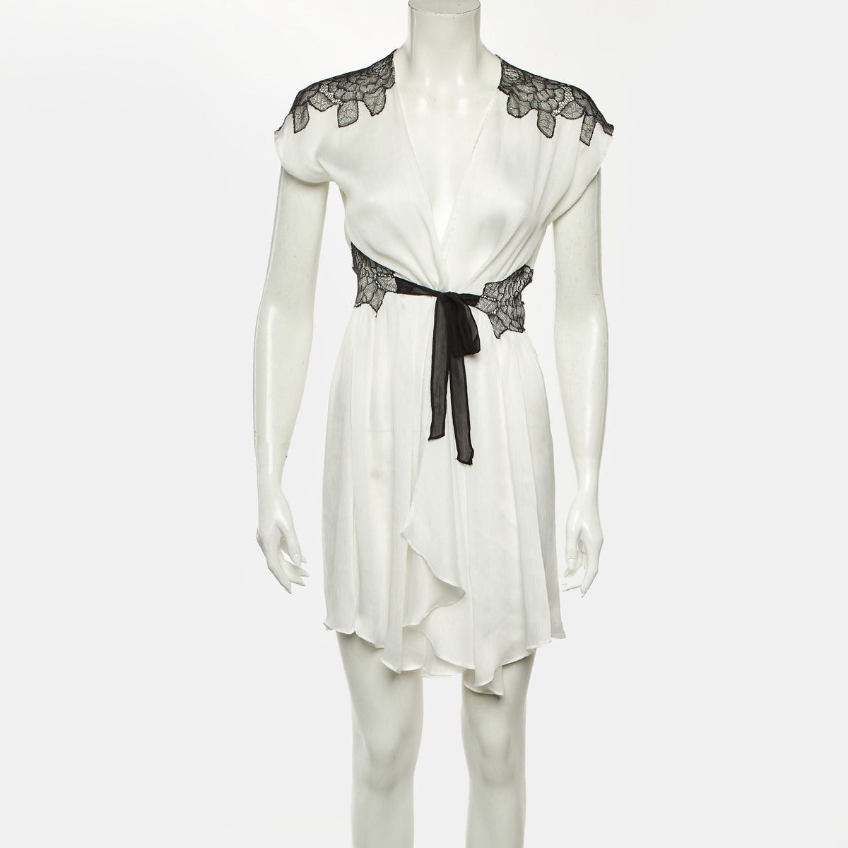Oscar De La Renta Pink Label White Chiffon Lace Trim Robe