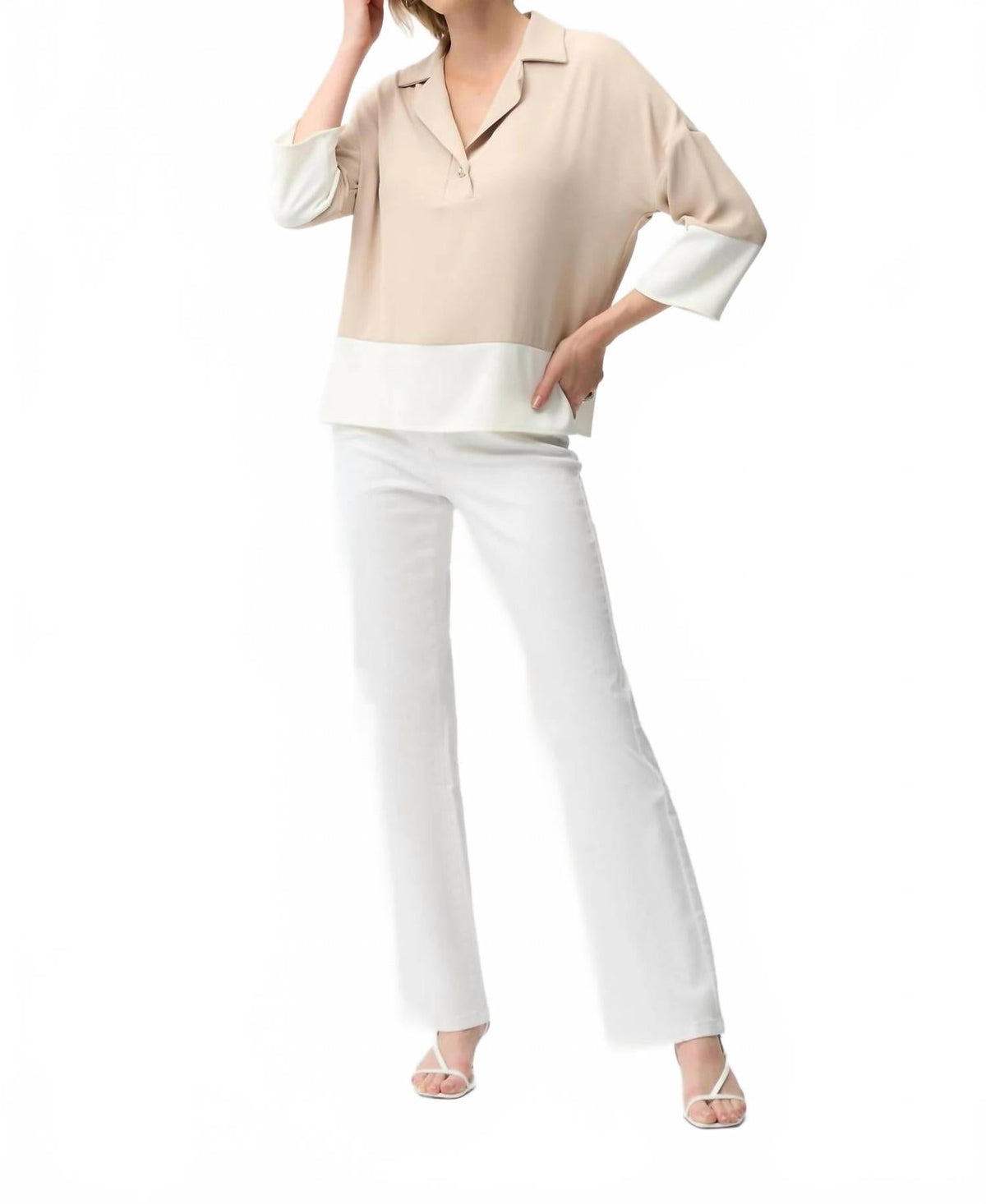 Color Block Quarter Sleeves Boxy Top In Parchment/off-White