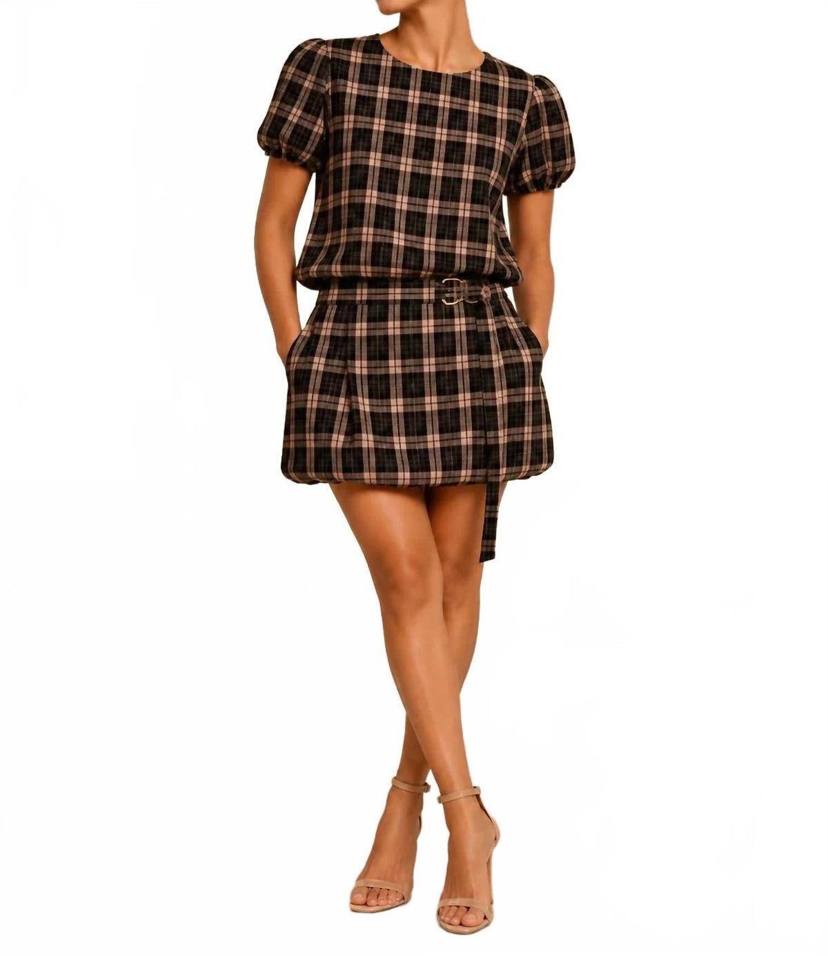 Carmen Bubble Hem Blouse In Mocha Black Plaid