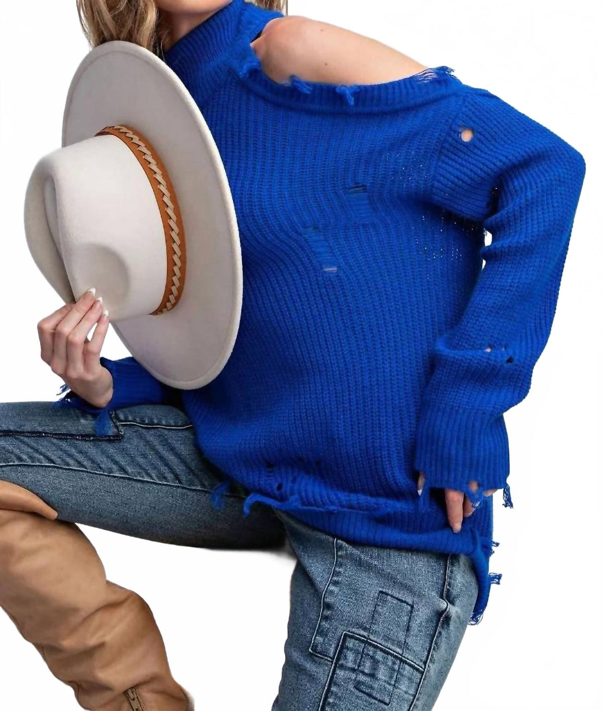 Lauren Cold Shoulder Distressed Sweater In Royal Blue