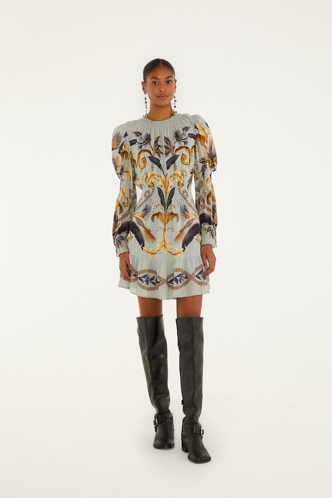 Blue Snake Garden Long Sleeve Mini Dress