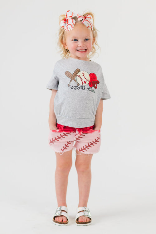 "Baseball Season" Gray & Red Ombre Denim Short Set