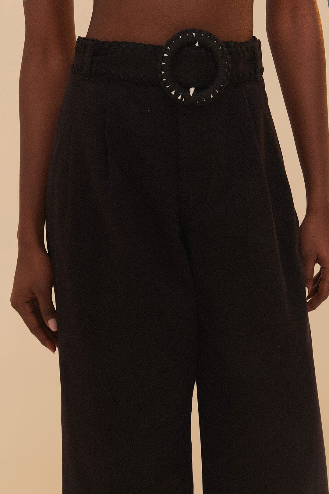 Black Twill Belted Wide Pants