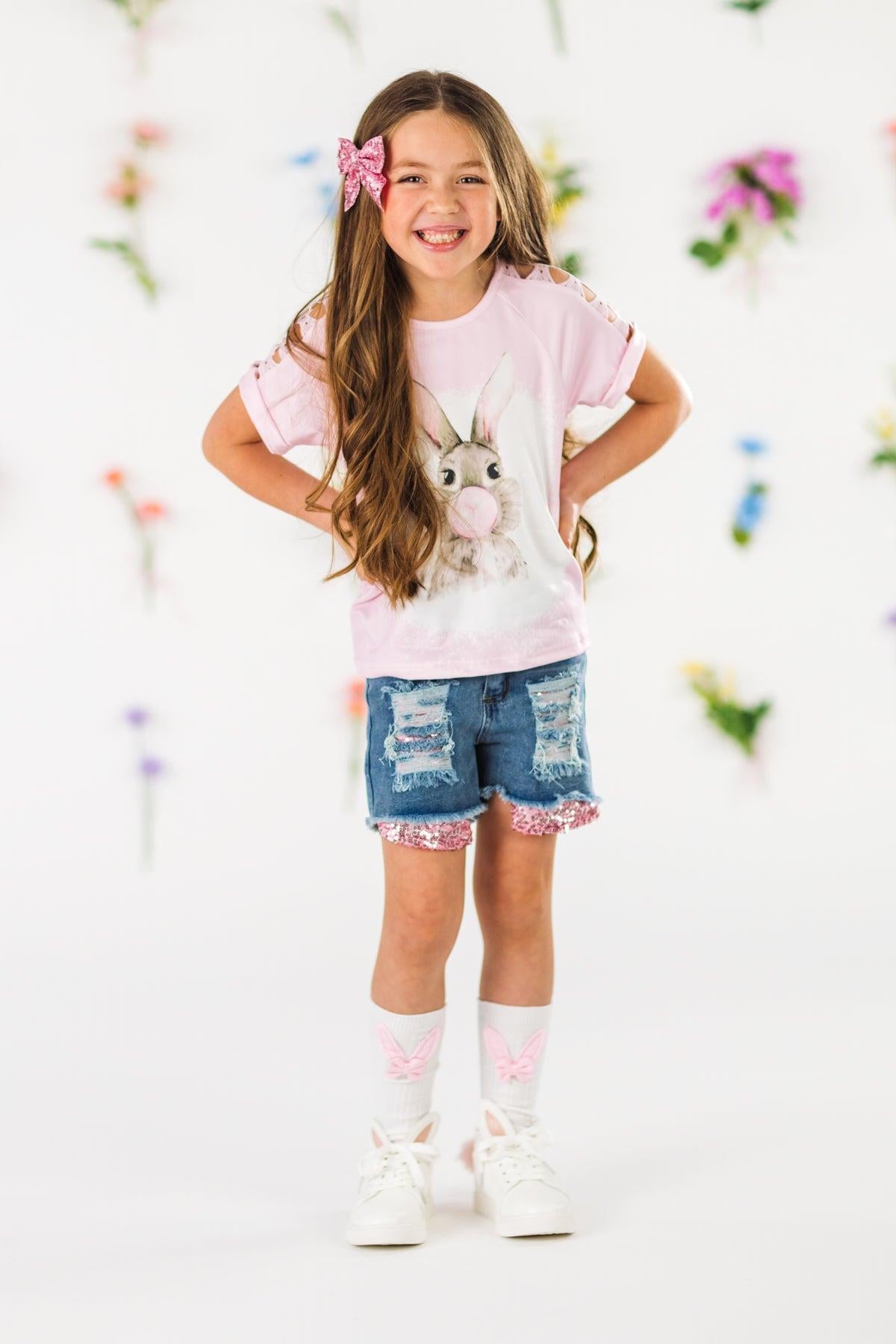 Bubblegum Bunny Distressed Denim Short Set