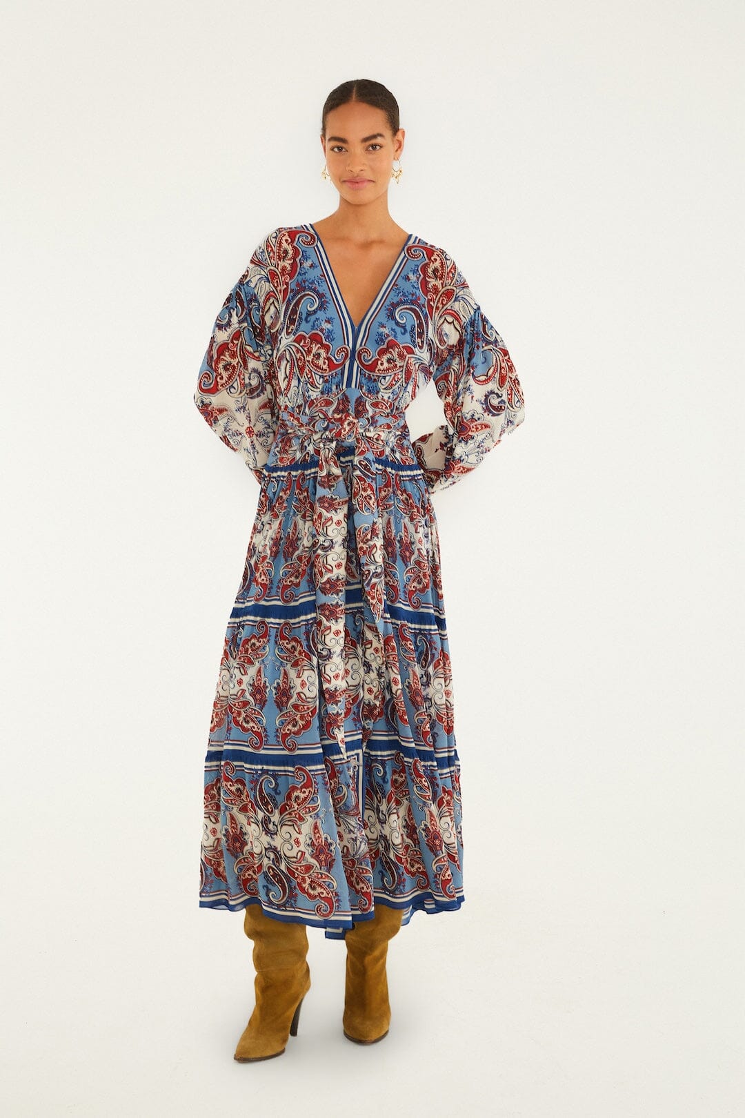 Blue Paisley Scarf Long Sleeve Maxi Dress