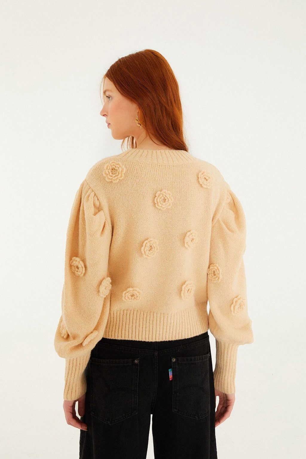 Sand Crochet 3d Flower Dropped Shoulder Knit Sweater