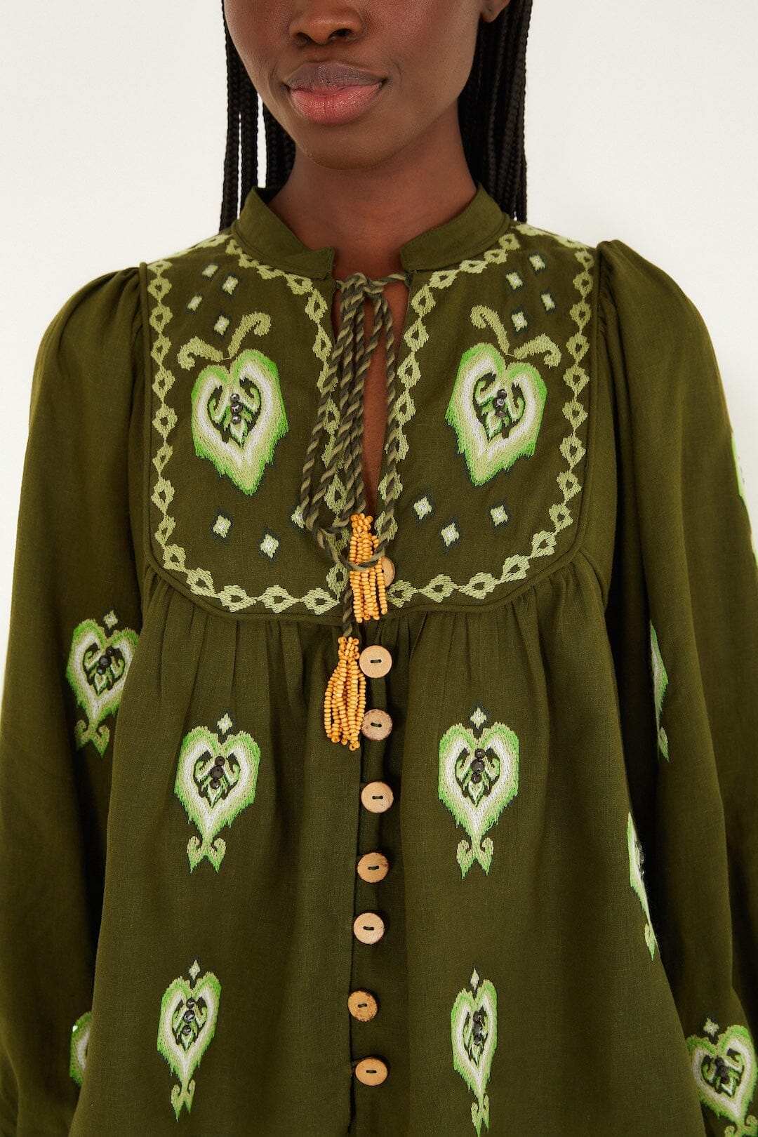 Green Embroidered Puff Sleeve Blouse