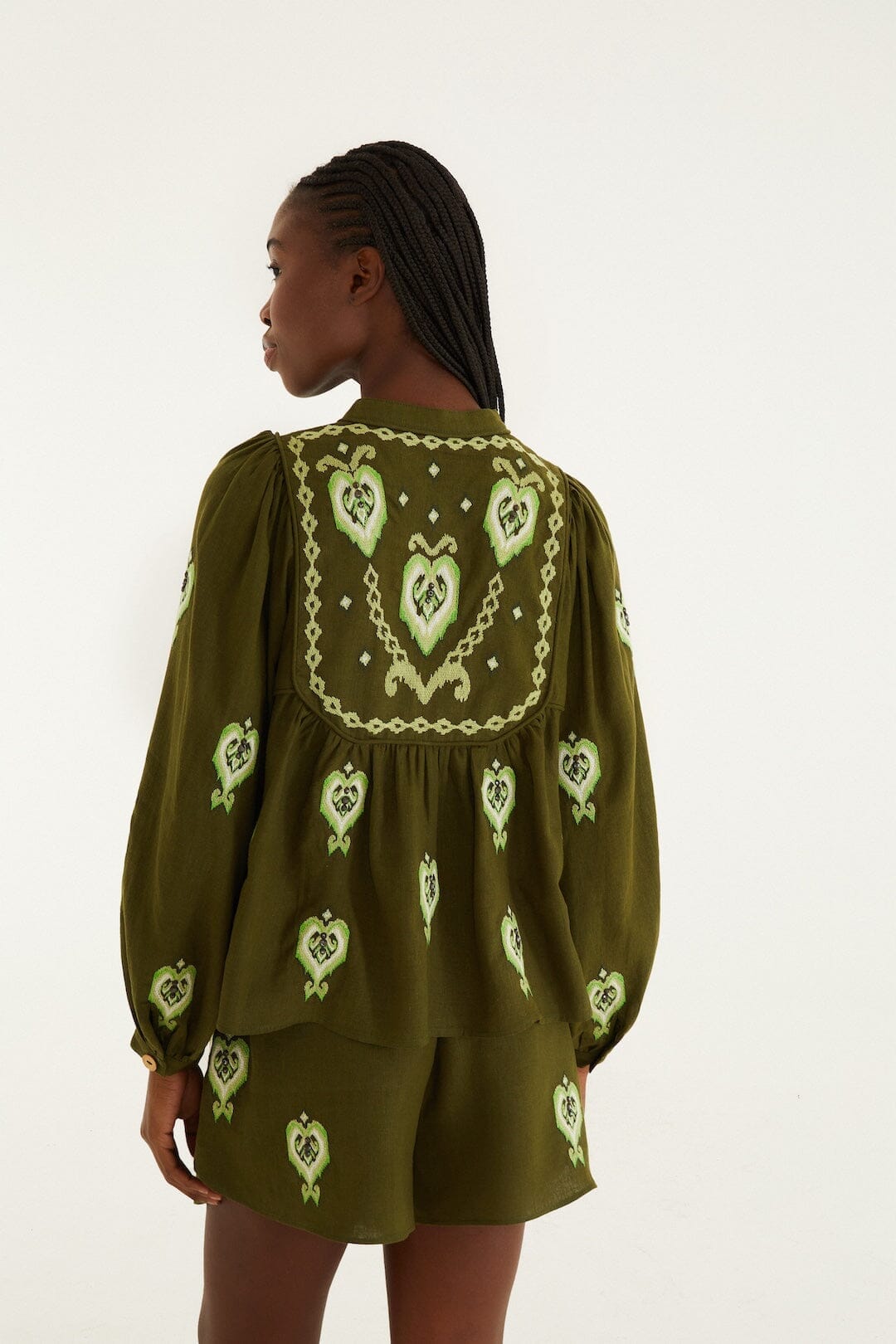 Green Embroidered Puff Sleeve Blouse