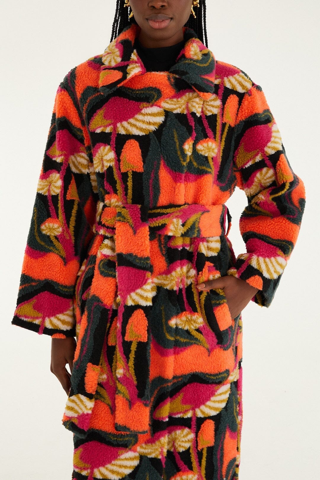 Black Wild Mushrooms Maxi Fleece Coat