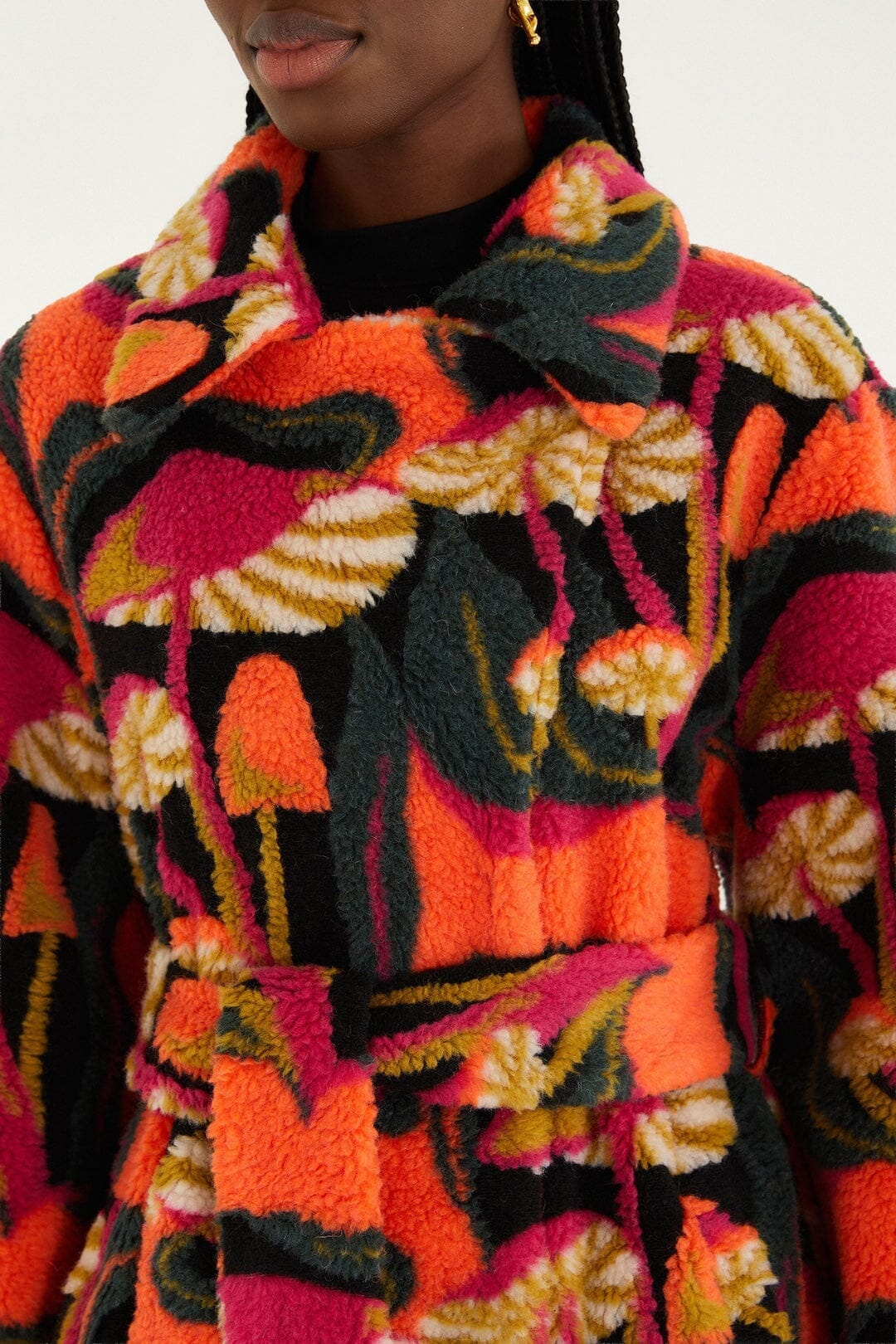 Black Wild Mushrooms Maxi Fleece Coat