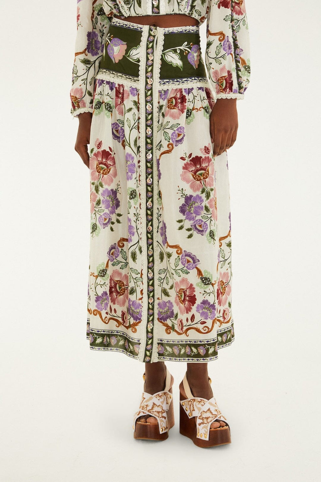 Cream Rococo Flowers Lace Buttoned Midi Skirt