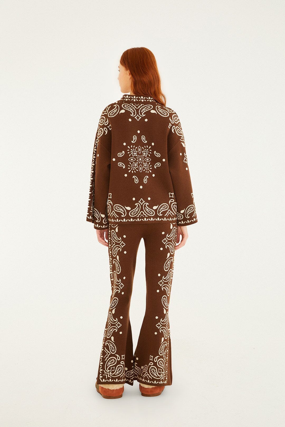 Brown Bohemian Paisley Flare Knit Pants