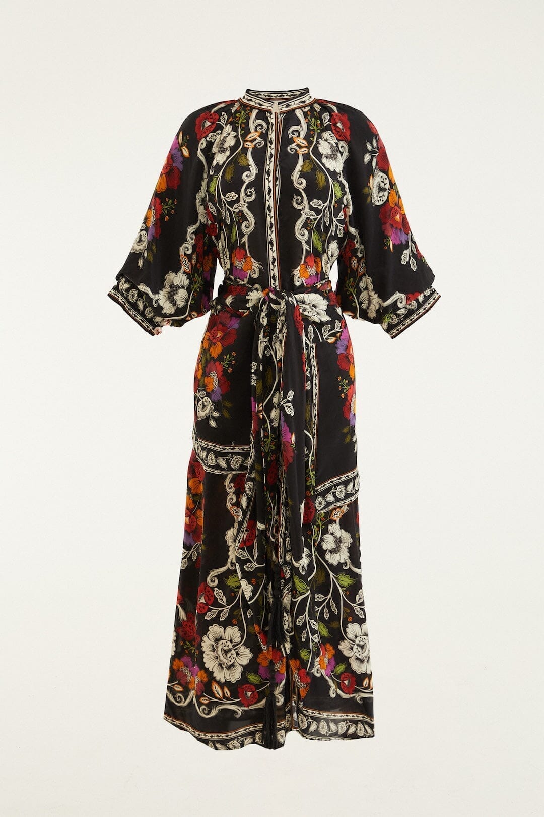 Black Rococo Flowers Belted Midi Dress