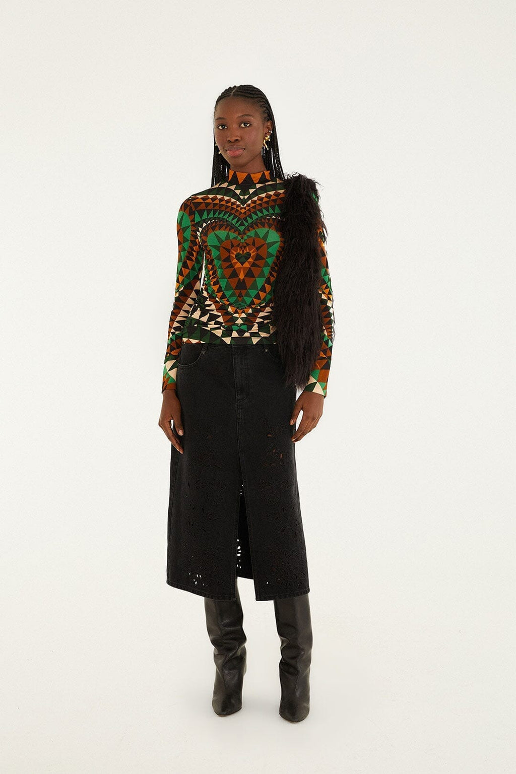 Black Denim Richelieu Front Slit Midi Skirt