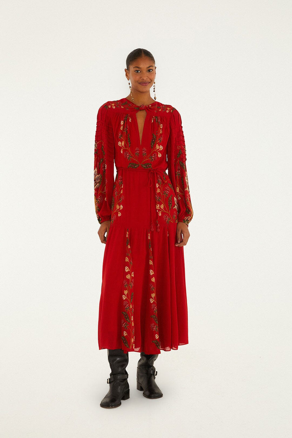 Red Berry Garden Long Sleeve Pleated Maxi Dress