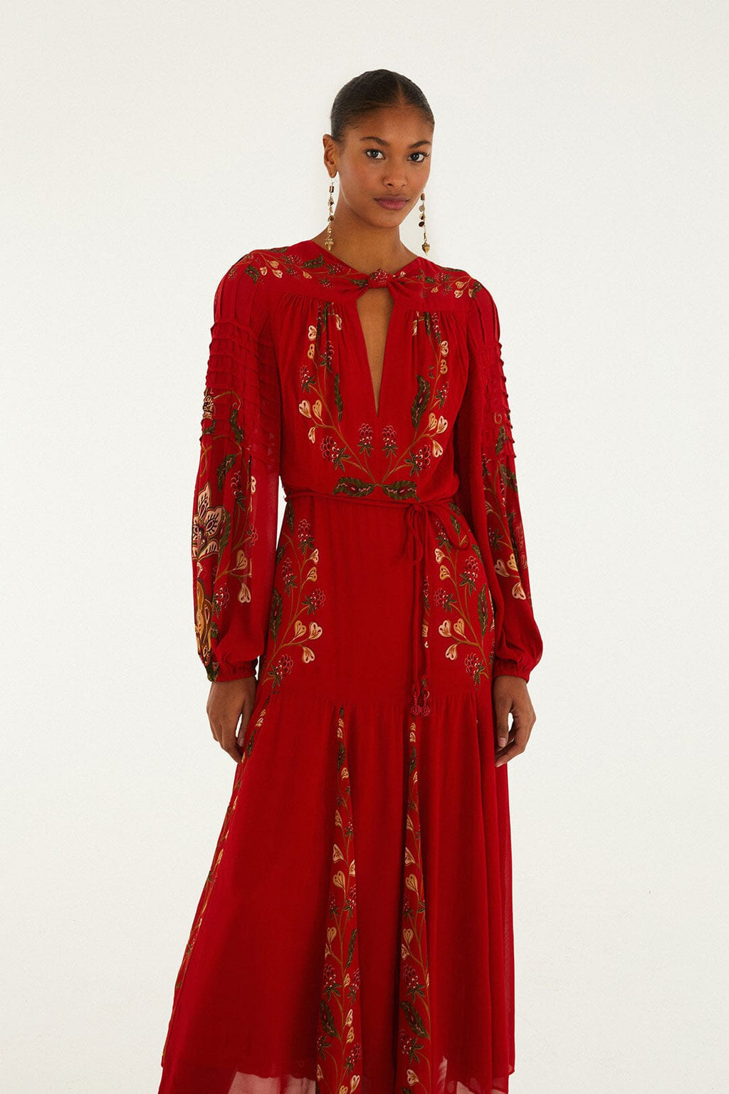 Red Berry Garden Long Sleeve Pleated Maxi Dress