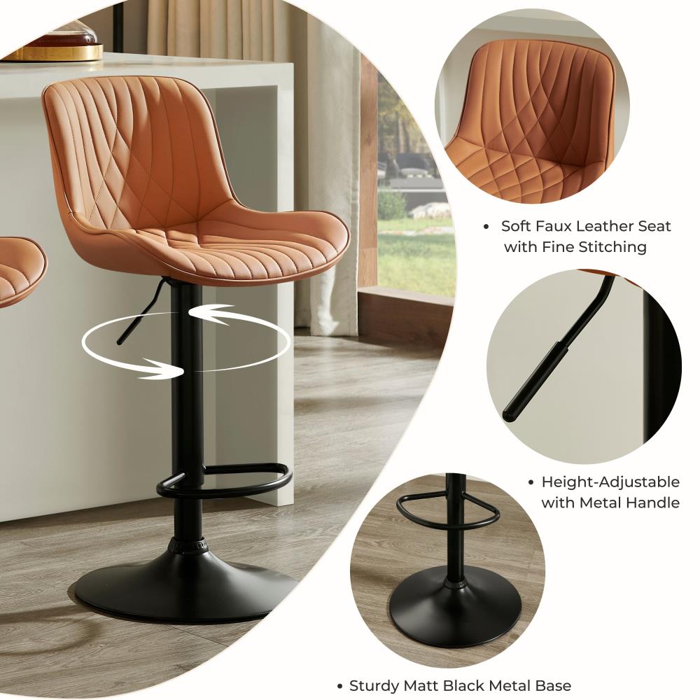 Contemporary Adjustable Bar Stools with Faux Leather Swivel Seats Set of 2