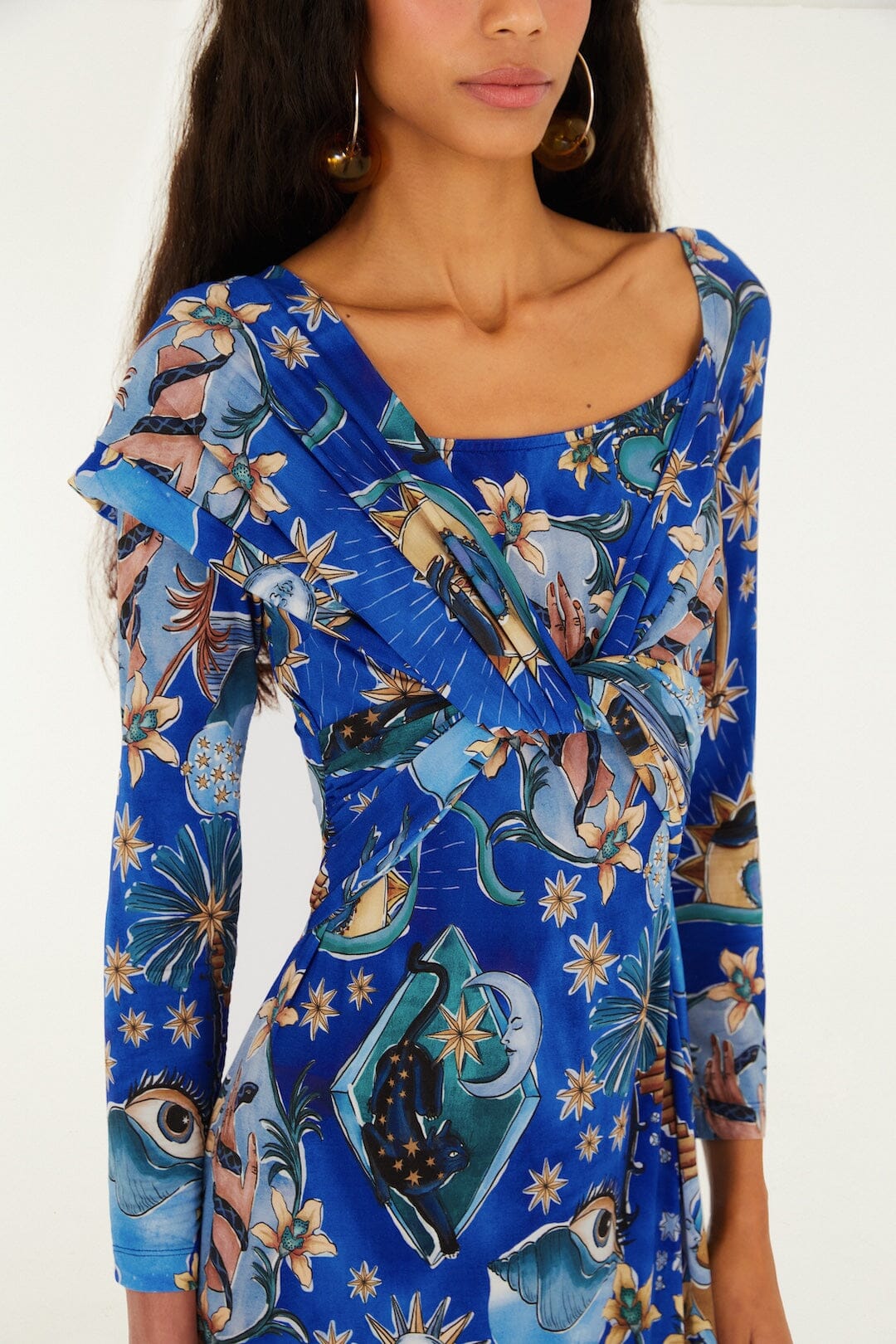 Blue Mystical Draped Long Sleeve Maxi Dress