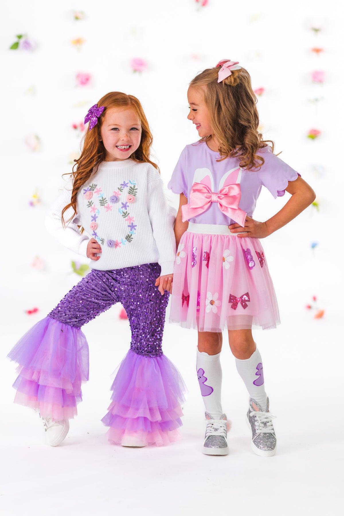 Floral Knit Bunny Sequin Bell Bottom Set